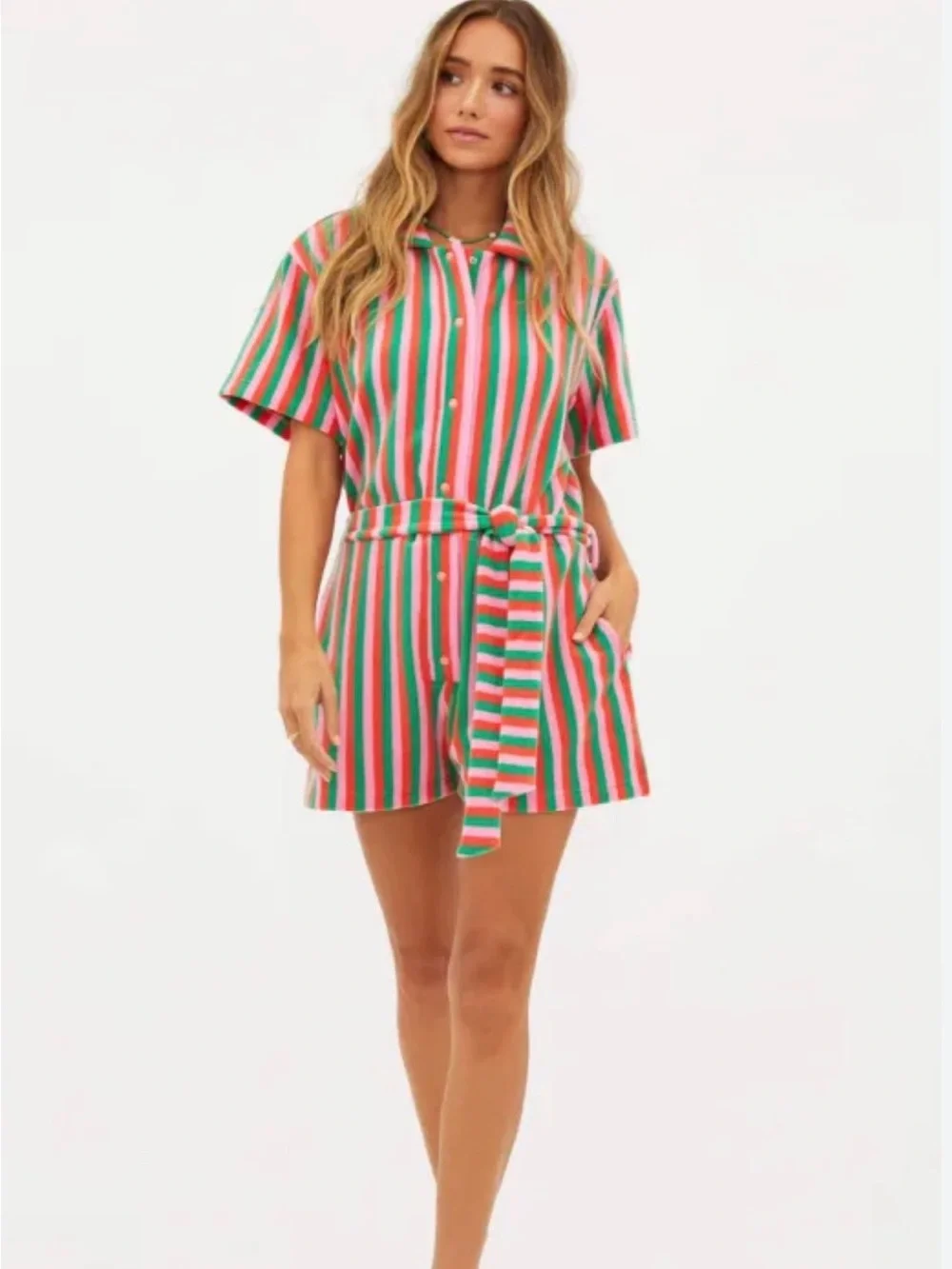 Beach Riot Gia Palm Stripe Terry Cloth Pink, Green & Orange Striped Terry Polo